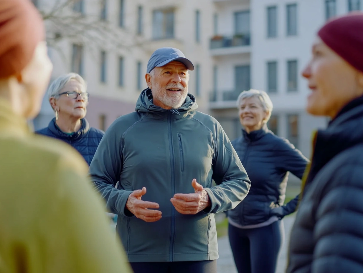 Група пенсіонерів під час тренування на відкритому повітрі