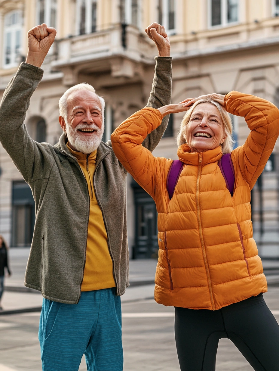 Щаслива літня пара займається фізичними вправами на свіжому повітрі