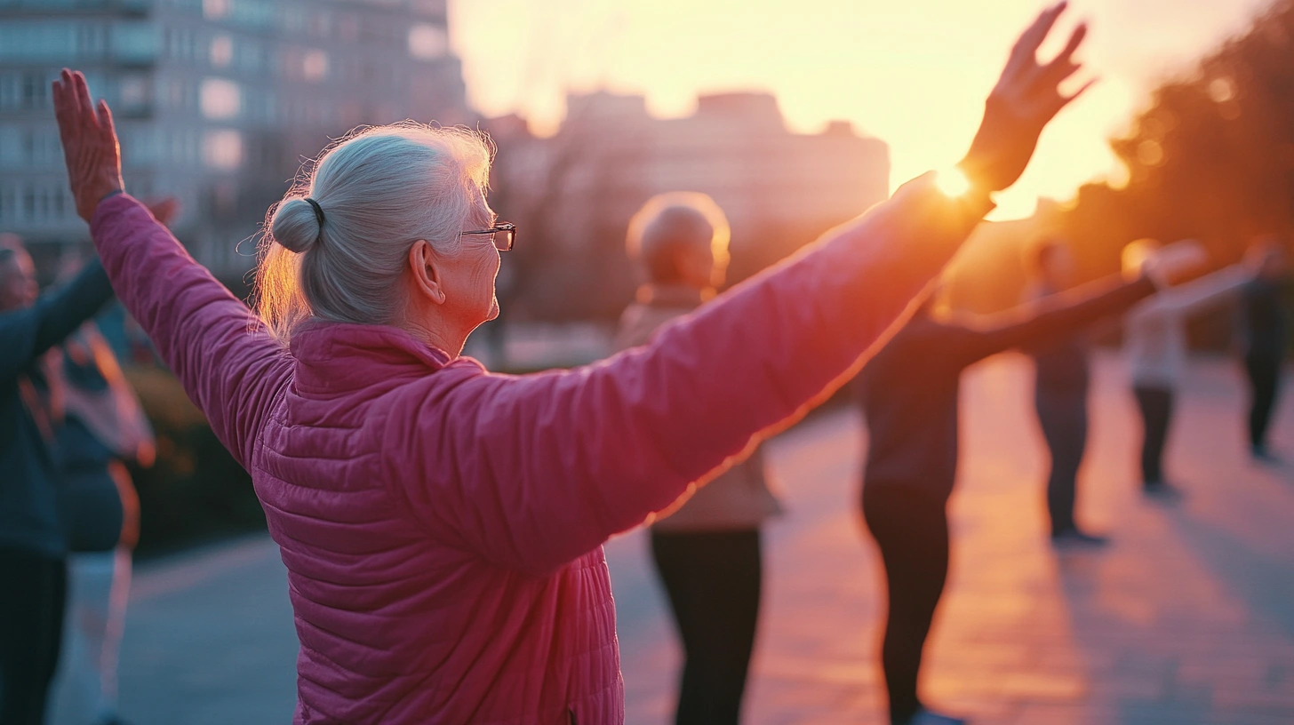 Активні пенсіонери займаються спортом в парку