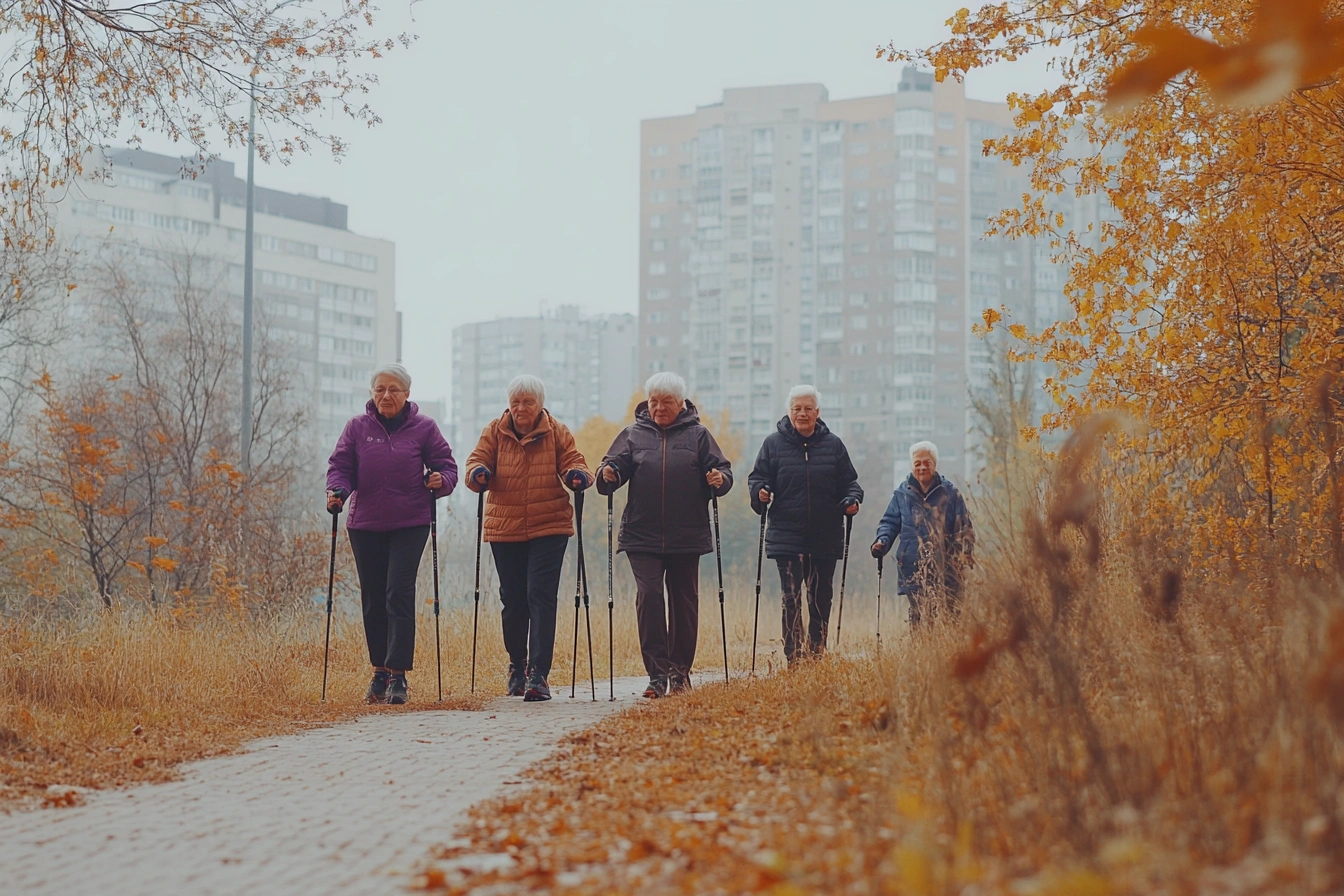 Група пенсіонерів під час скандинавської ходьби в парку
